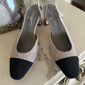 CHANEL Women's Taupe and Black Quilted Heels